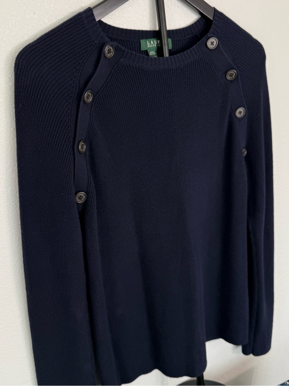 Lauren Ralph Lauren Navy Knit Sweater Button Shoulder Crewneck Women Size XL - Picture 9 of 11